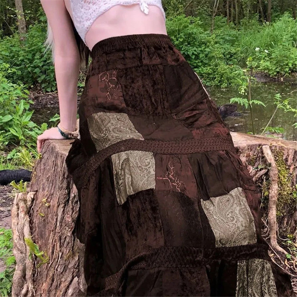 Y2K Brown Pleated Bohemian Grunge Long Skirt for Women