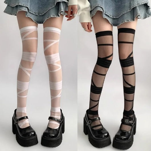 Y2K Striped Over-the-Knee Stockings with Straps