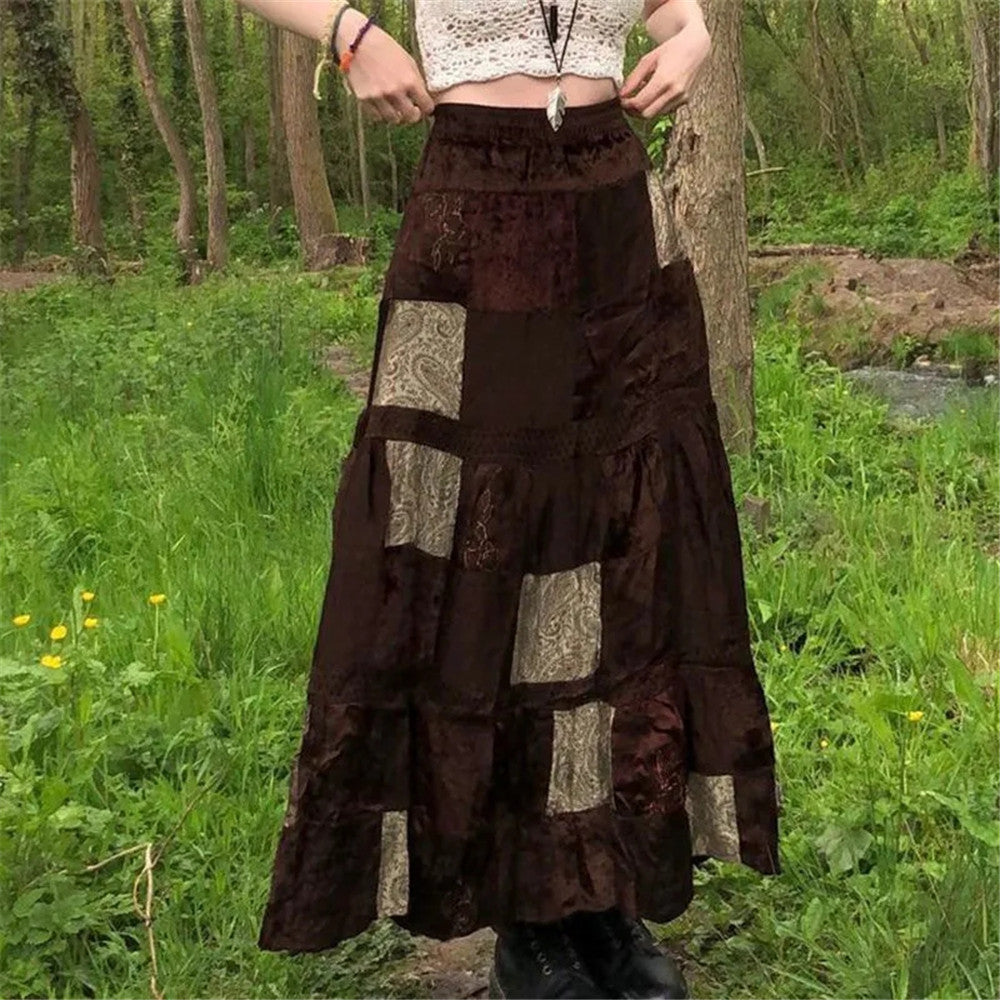 Y2K Brown Pleated Bohemian Grunge Long Skirt for Women