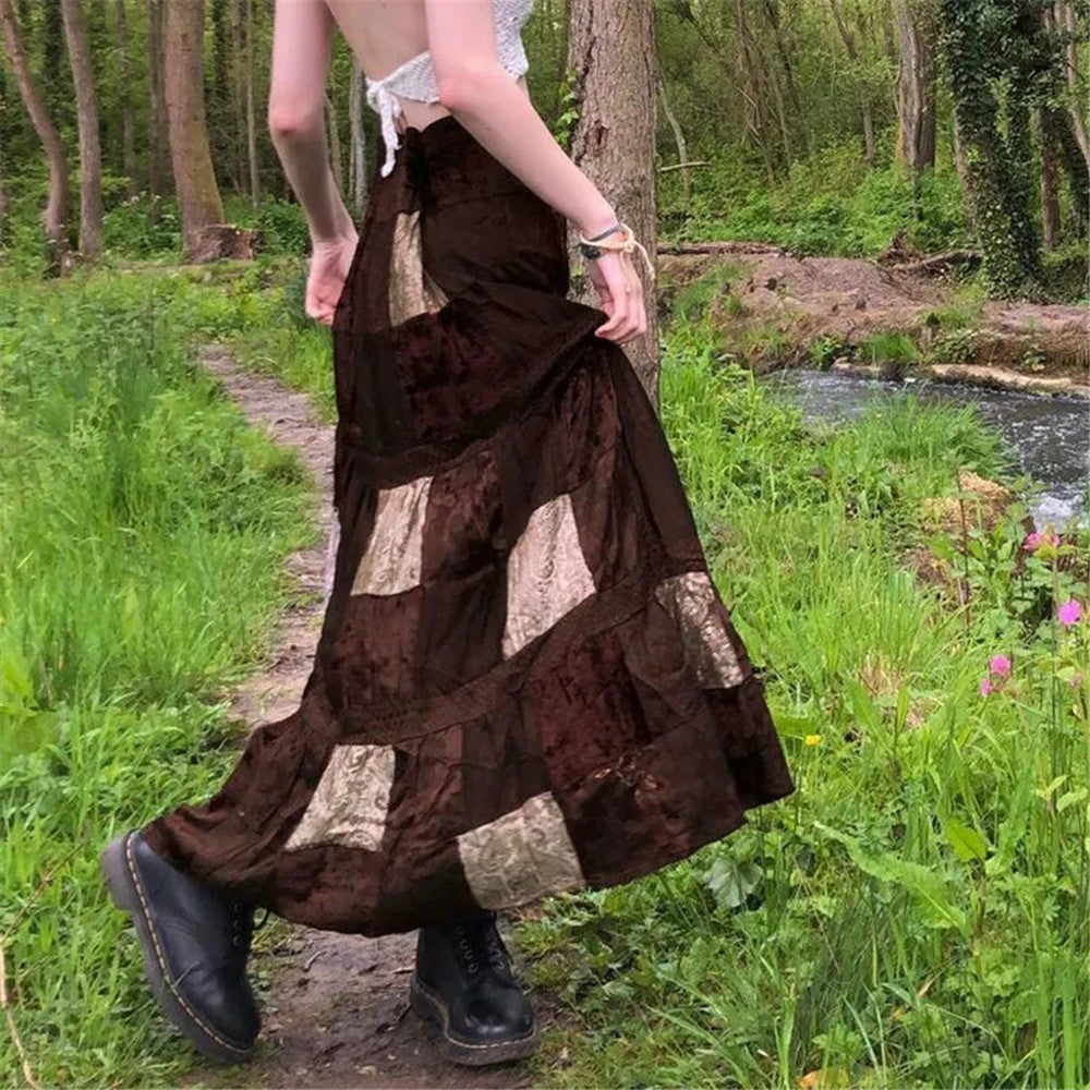 Y2K Brown Pleated Bohemian Grunge Long Skirt for Women