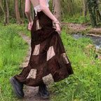 Y2K Brown Pleated Bohemian Grunge Long Skirt for Women
