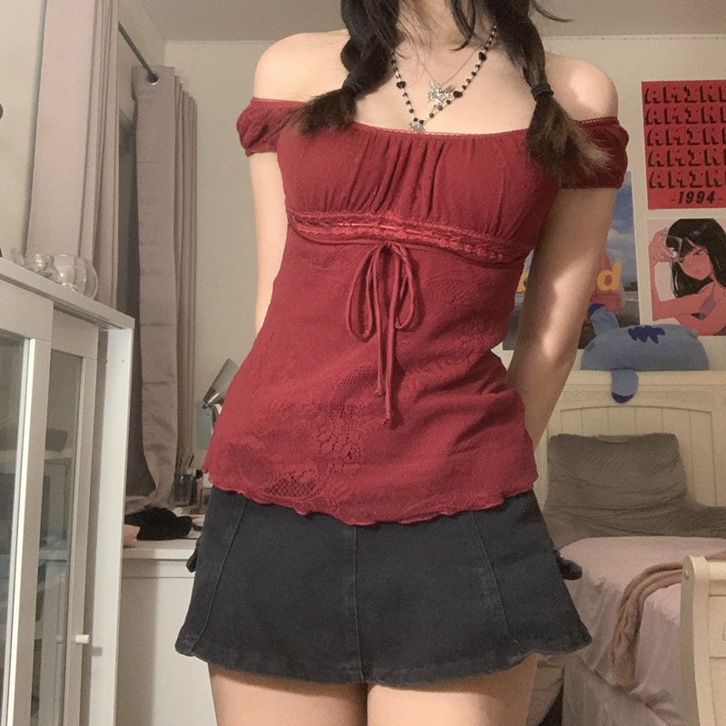 Y2K Vintage Women's Blouse with Square Neck Bow