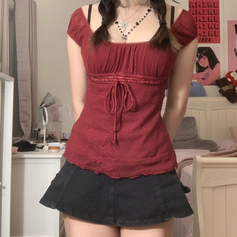 Y2K Vintage Women's Blouse with Square Neck Bow