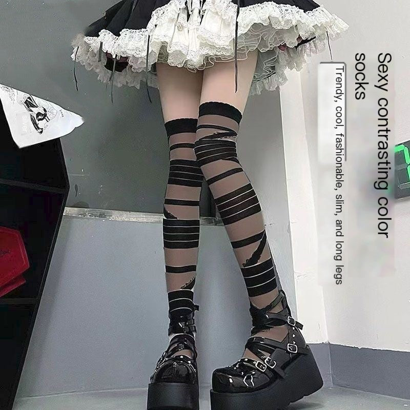 Y2K Striped Over-the-Knee Stockings with Straps