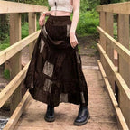 Y2K Brown Pleated Bohemian Grunge Long Skirt for Women