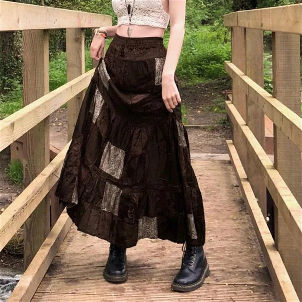 Y2K Brown Pleated Bohemian Grunge Long Skirt for Women
