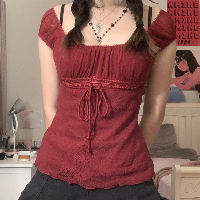 Y2K Vintage Women's Blouse with Square Neck Bow