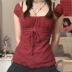 Y2K Vintage Women's Blouse with Square Neck Bow