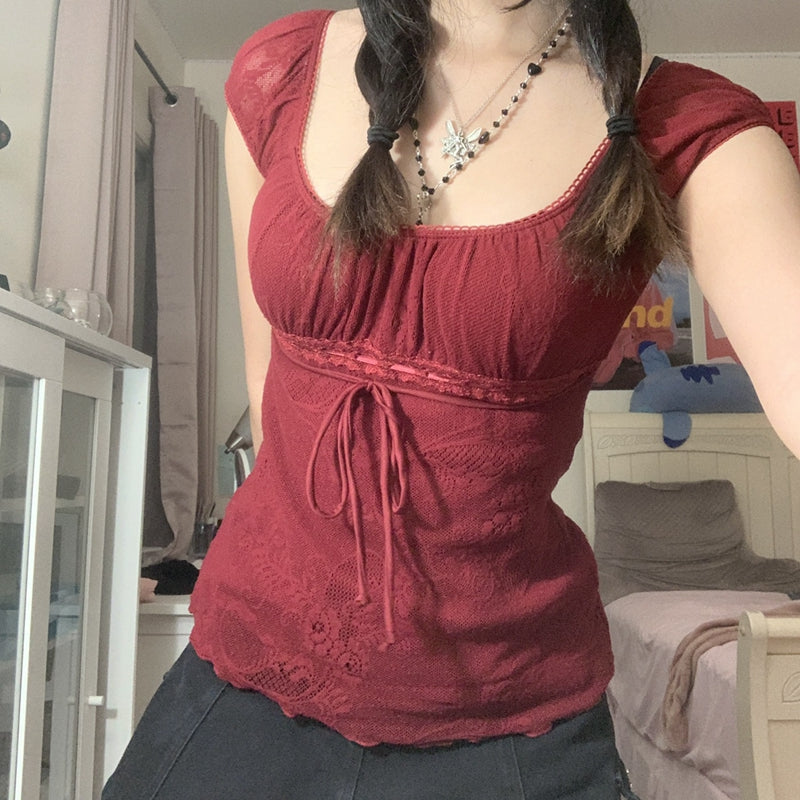 Y2K Vintage Women's Blouse with Square Neck Bow