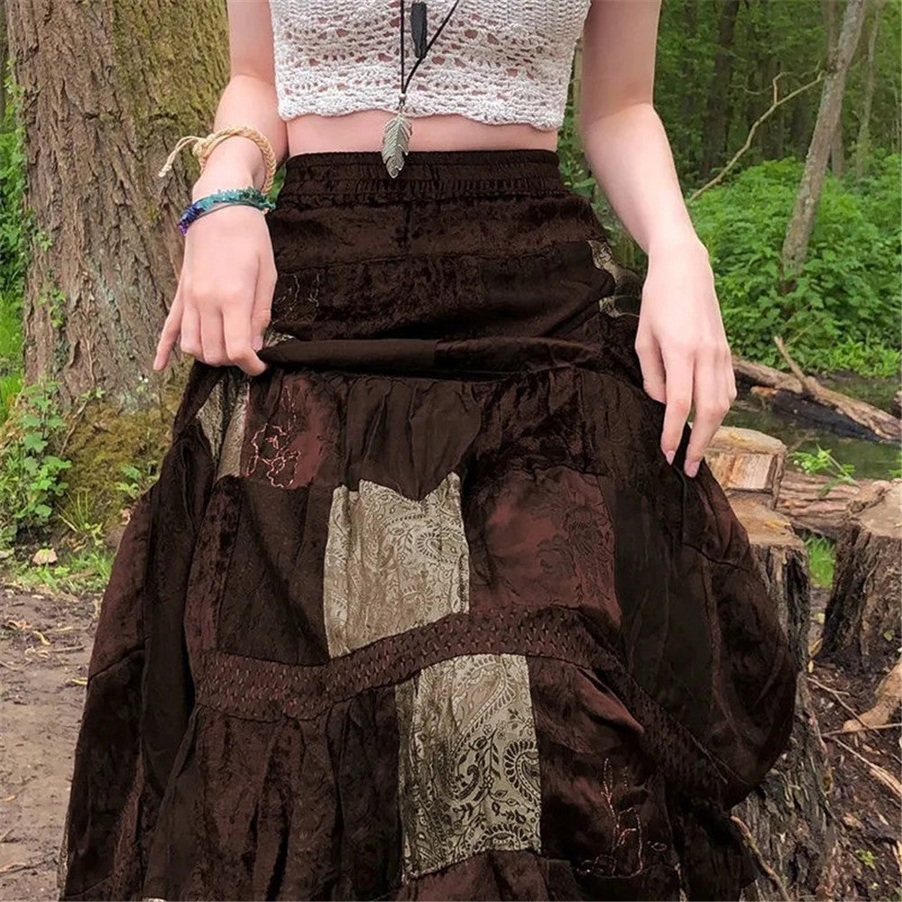 Y2K Brown Pleated Bohemian Grunge Long Skirt for Women