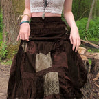 Y2K Brown Pleated Bohemian Grunge Long Skirt for Women